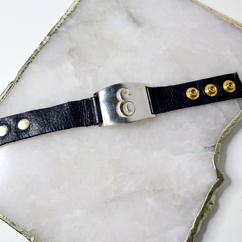 Lisa Stewart Black Genuine Leather Silver Tone Inital E Wide Cuff Bracelet